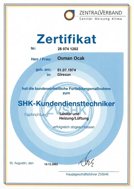 Zertifikat: Zentralverband SHK