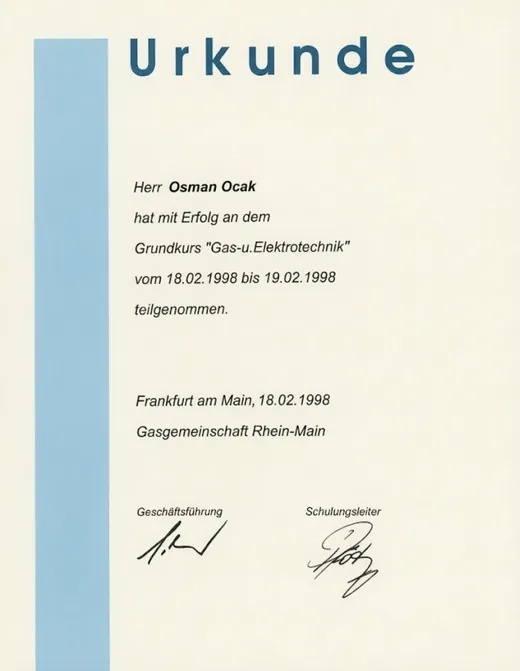 Zertifikat: Gas- & Elektrotechnik