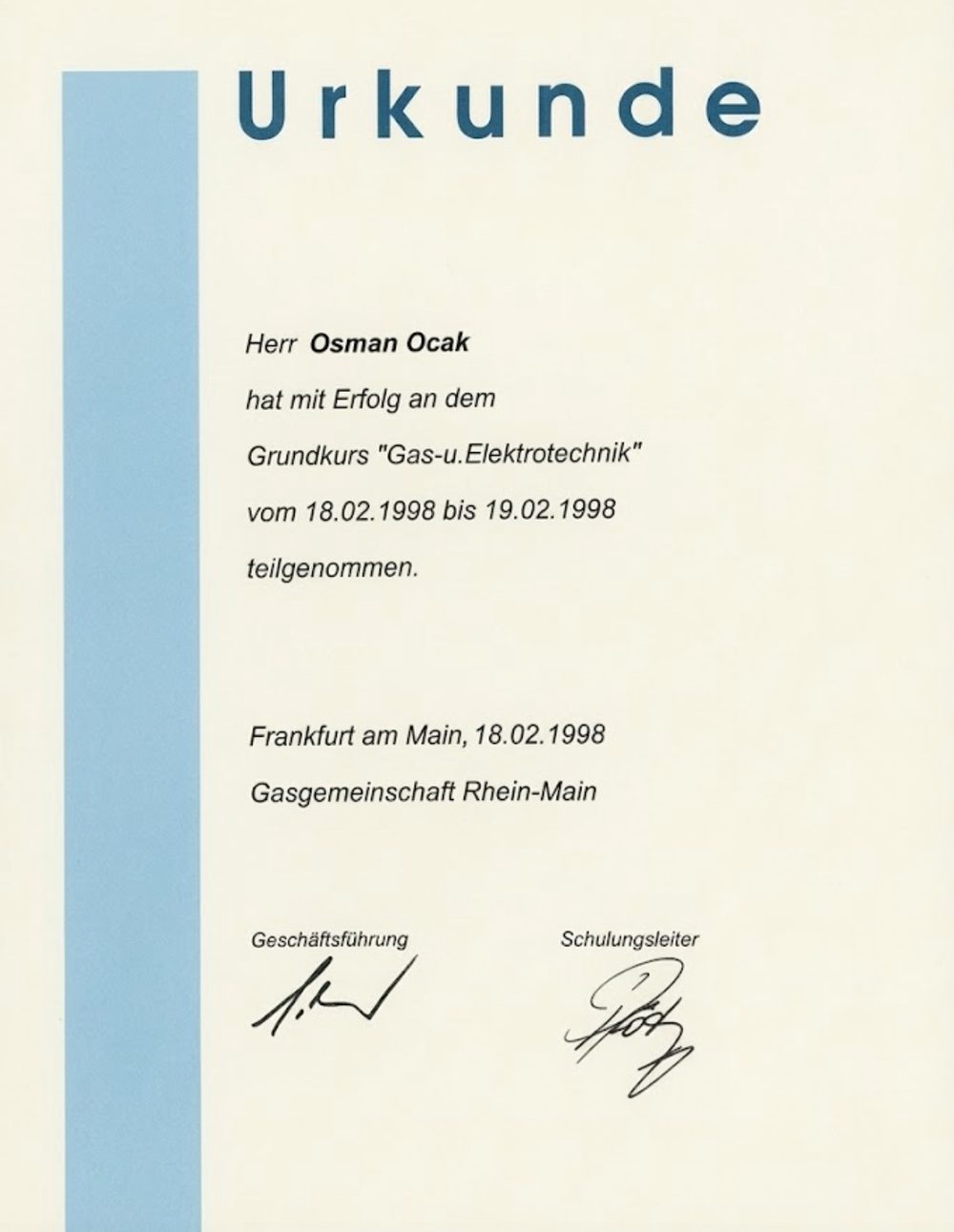 Zertifikat Gas- & Elektrotechnik in voller Ansicht