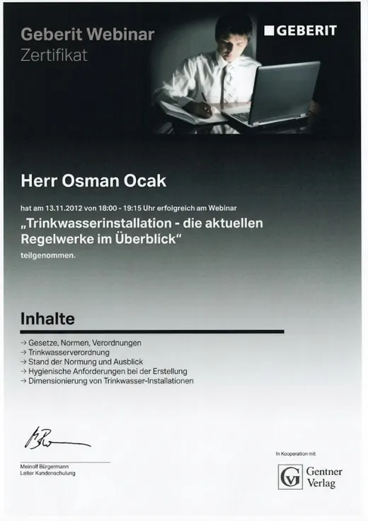 Zertifikat: Trinkwasserinstallation