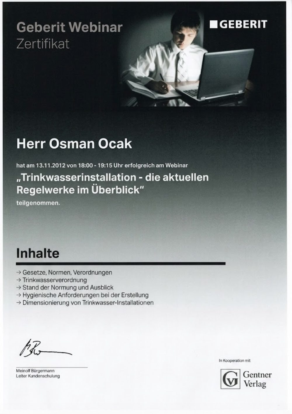 Zertifikat Trinkwasserinstallation in voller Ansicht