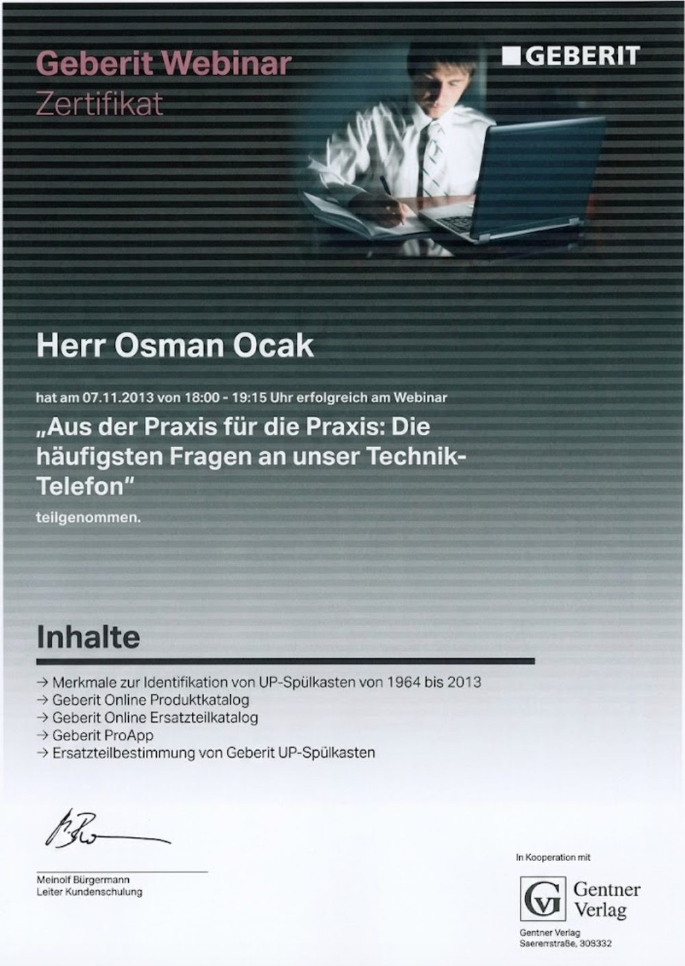 Zertifikat Sanitär aus der Praxis in voller Ansicht