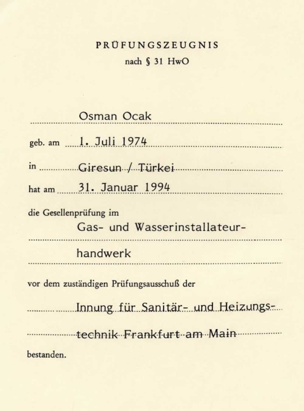 Zertifikat Gesellenprüfung in voller Ansicht