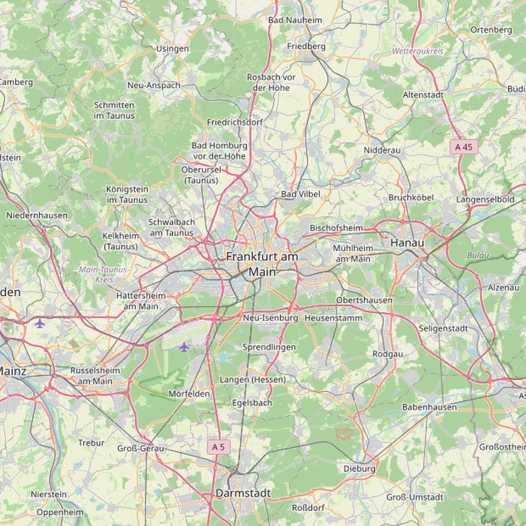 Karte des Einsatzgebiets rund um Frankfurt am Main